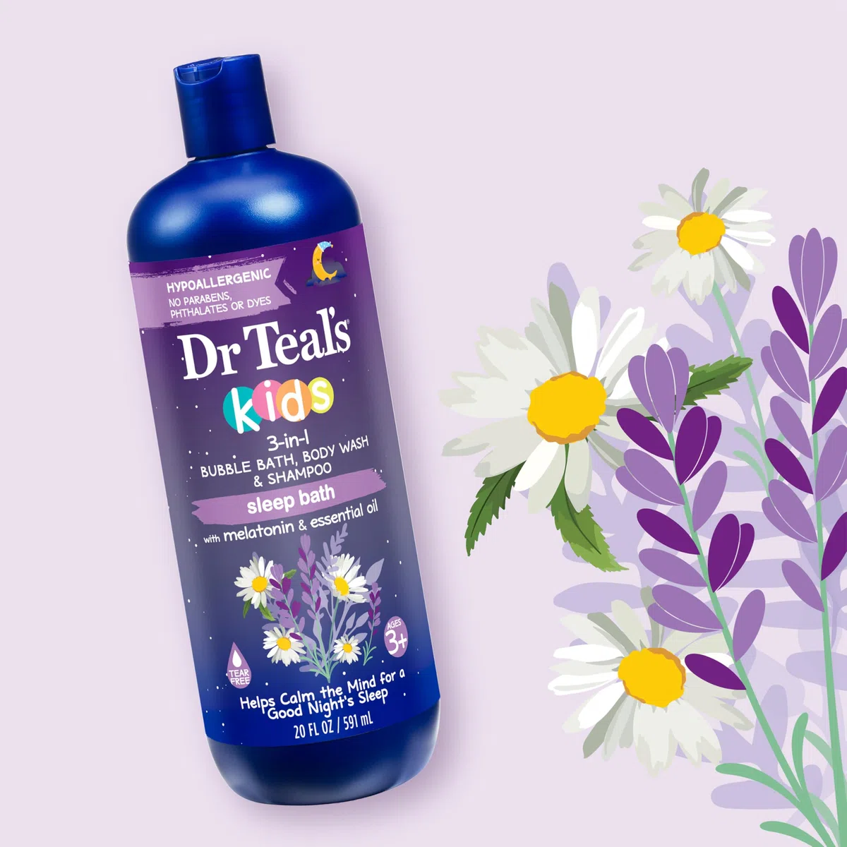 Dr Teal's Kids 3 en 1 Bubble Bath, Body Wash & Champú, Sleep Blend with Melatonin, Lavender & Chamomile Essential Oil, 20 fl (paquete de 3)
