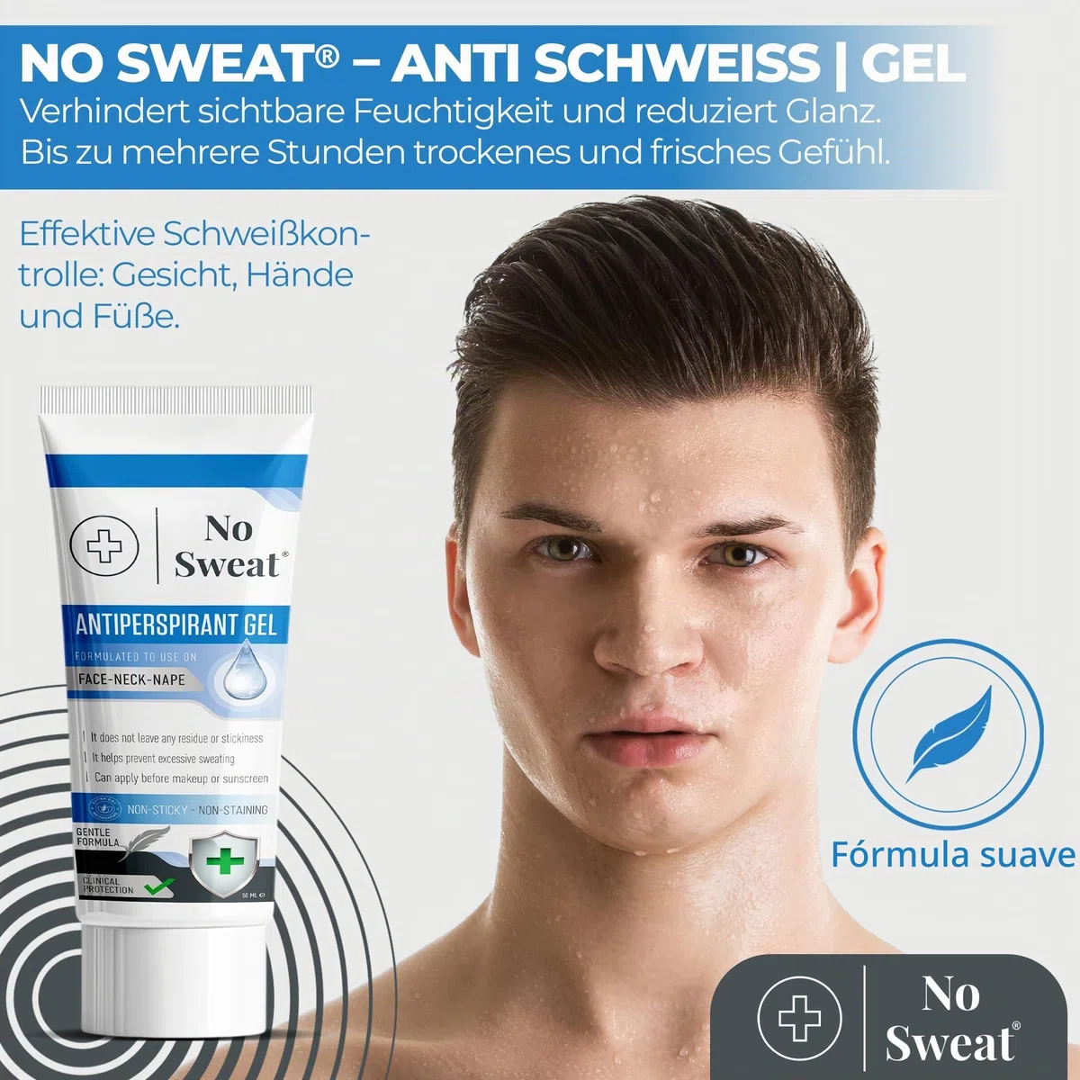 No Sweat Gel antitranspirante facial 50 ml. Para cara, cuello y nuca, ayuda a prevenir el exceso de sudoración y brillo, ideal para trabajo activo y gimnasio
