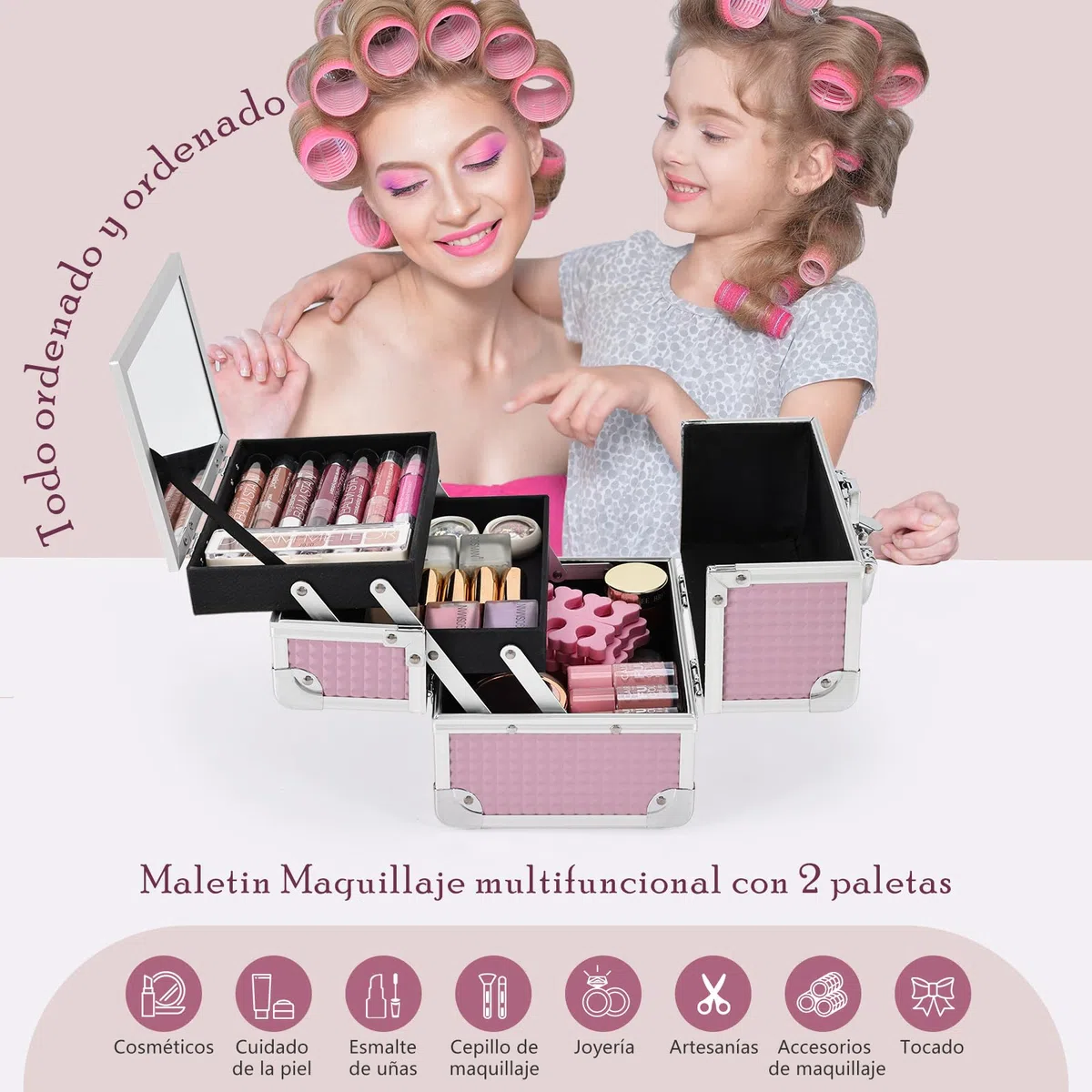 Maletín Maquillaje Rosa Estuche Maquillaje Caja Maquillaje Cosméticos Vacío Profesional con Espejo y Cerradura 19.5x15x16cm Regalos para Mujeres,Rosa