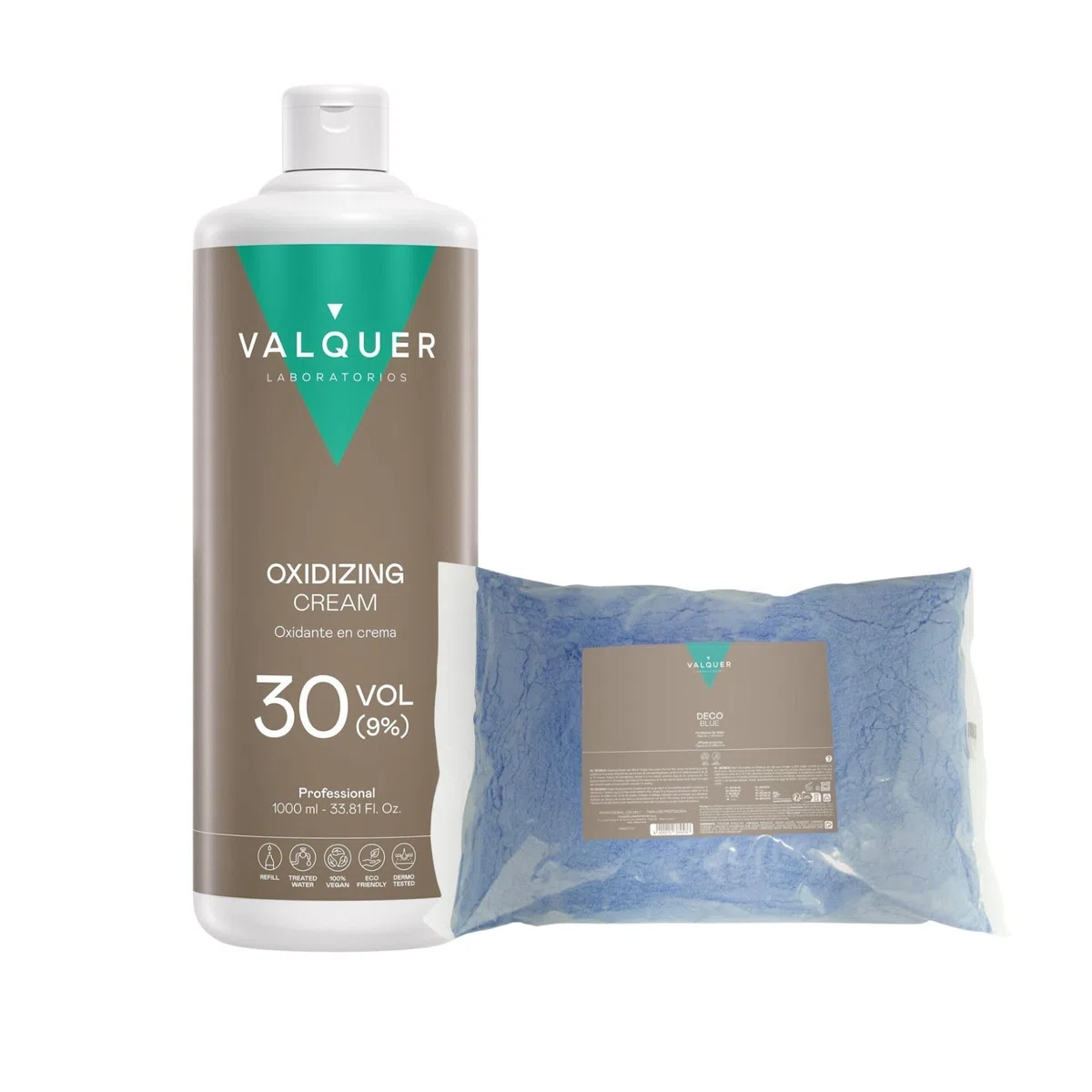 VALQUER Pack Decolorante de Pelo Profesional Permanente | Polvos Deco Blue 500 g y Agua Oxigenada 30 Vol 9% 1 L | Alta Aclaración del Pelo hasta 6 Tonos con Proteínas de Trigo | Vegano