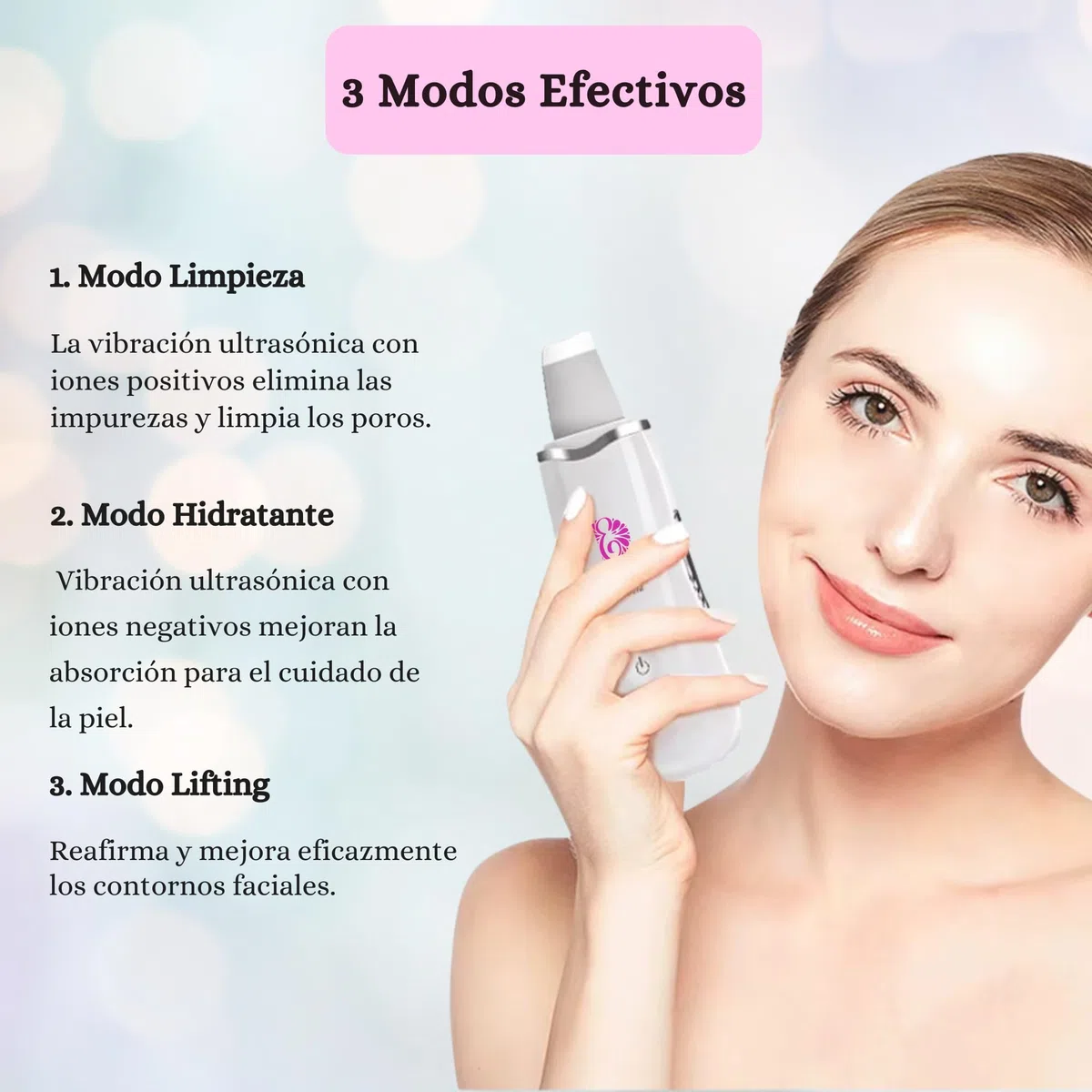 Cuidado Facial Peeling ultrasónico con 3 modos, espátula para limpieza facial, skin scrubber, lifting facial, depurador de piel, 7 herramientas removedoras de espinillas y puntos negros Regalo