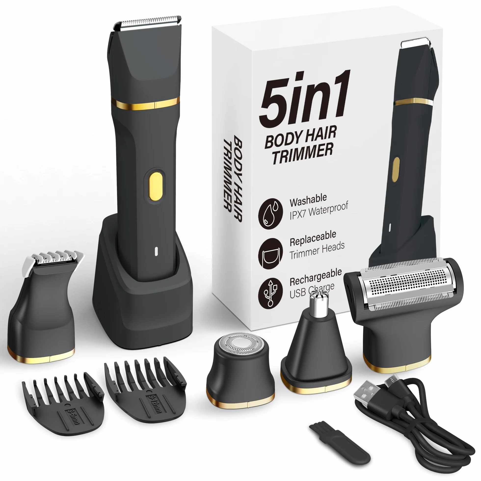 5-en-1 Recortadora de Bikini para Mujeres, Afeitadora Eléctrica a Prueba de Agua IPX7, Máquinas de Afeitar Corporal y Facial Inalámbricas, Kit de Depilación Indolora, Negro