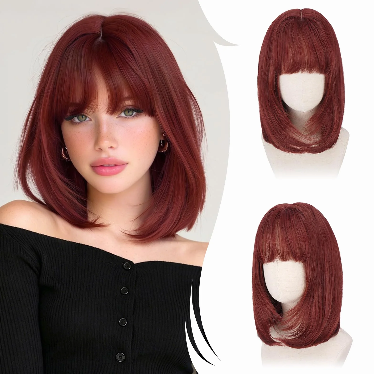 RUWISS Corta Rectas Bob Pelucas con Flequillo, 35 cm Rojo Cobrizo Bob Peluca Clásica y Versátil para Mujer Pelucas de Pelo Sintético en Capas para Uso Diario Cosplay Fiestas en Festival de Música