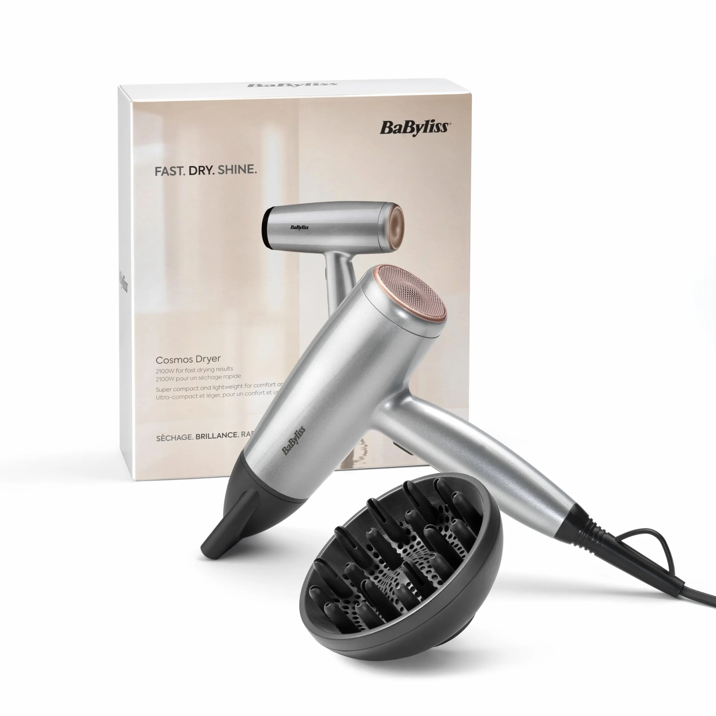BaByliss Cosmos Secador de Pelo Ligero con Difusor – Secador potente y elegante de 2100W, Acondicionamiento iónico sin frizz, 3 niveles de calor y 2 velocidades, Plateado, D580DE