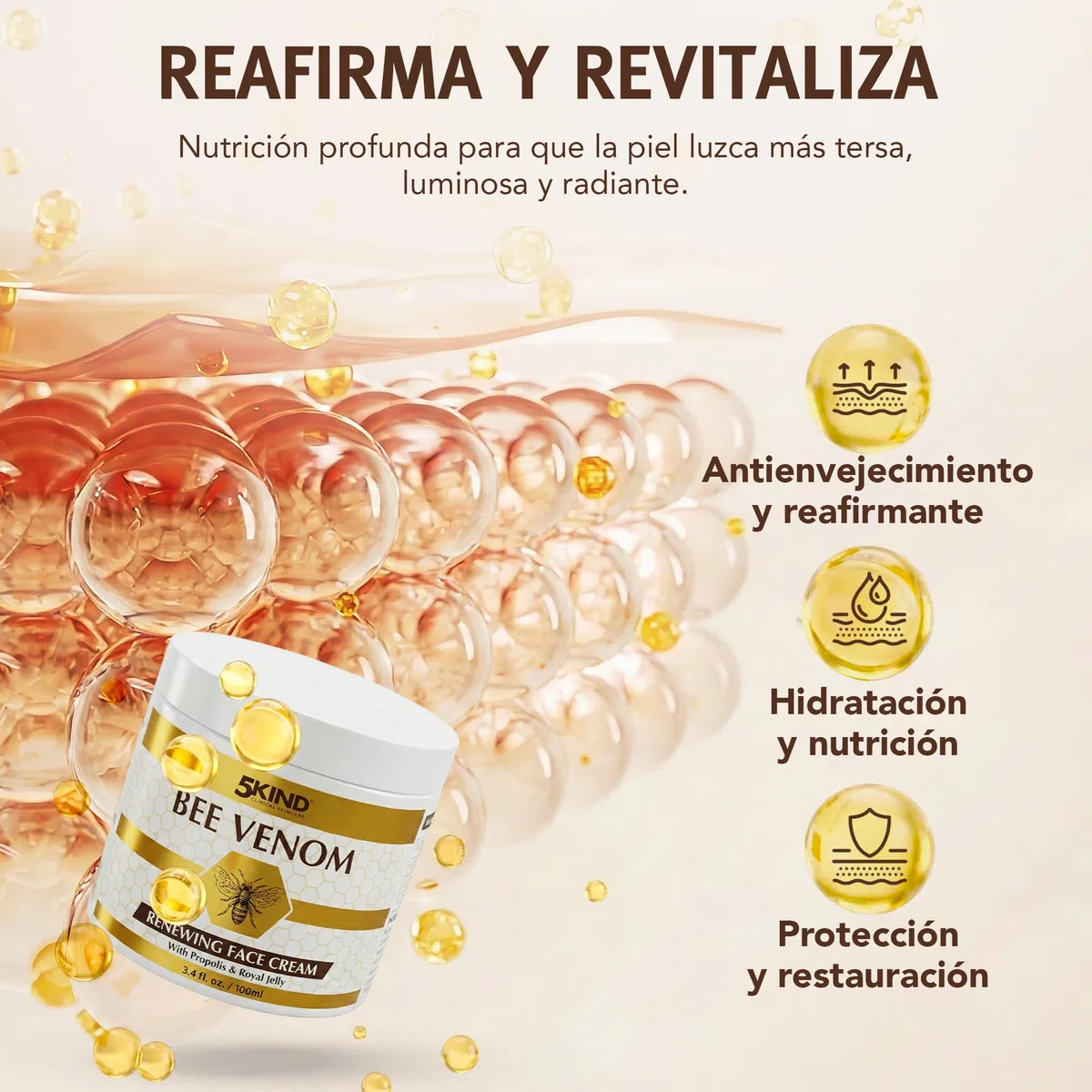 5Kind Crema Facial Renovadora con Veneno de Abeja, Propóleo y Jalea Real 100 ml - Crema Facial Antienvejecimiento con Veneno de Abeja - Crema Antiarrugas con Veneno de Abeja - Bee Venom Cream
