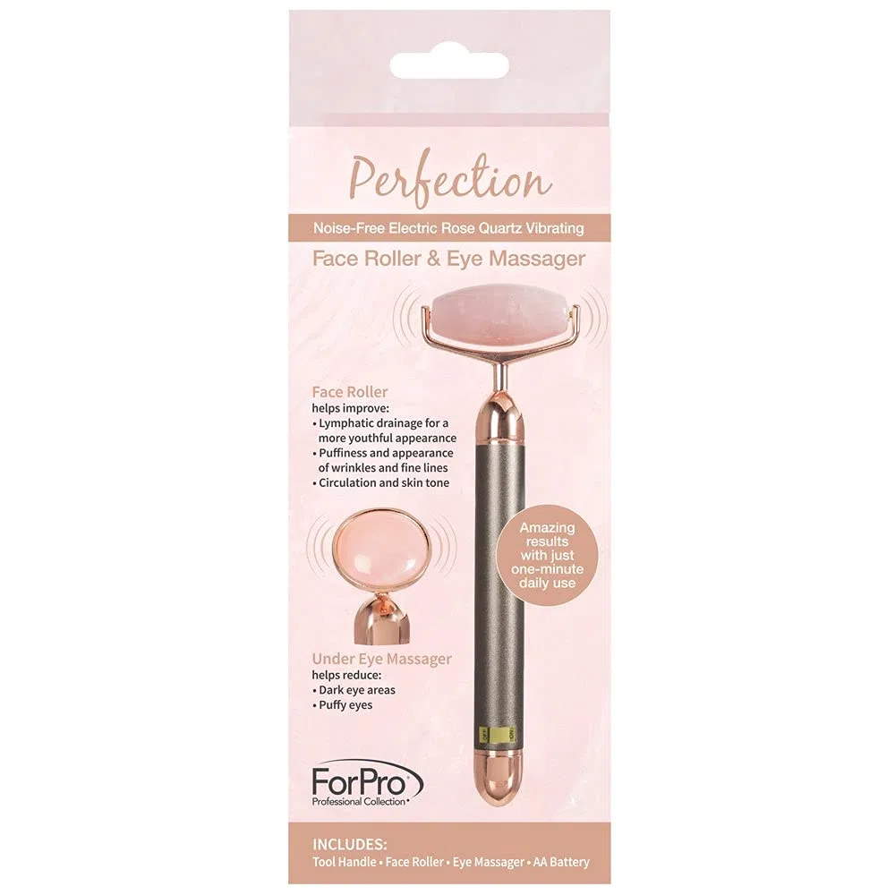 ForPro Professional Collection Rodillo de cara eléctrico y masajeador de ojos, herramienta vibrante 2 en 1 para el cuidado de la piel, cuarzo rosa