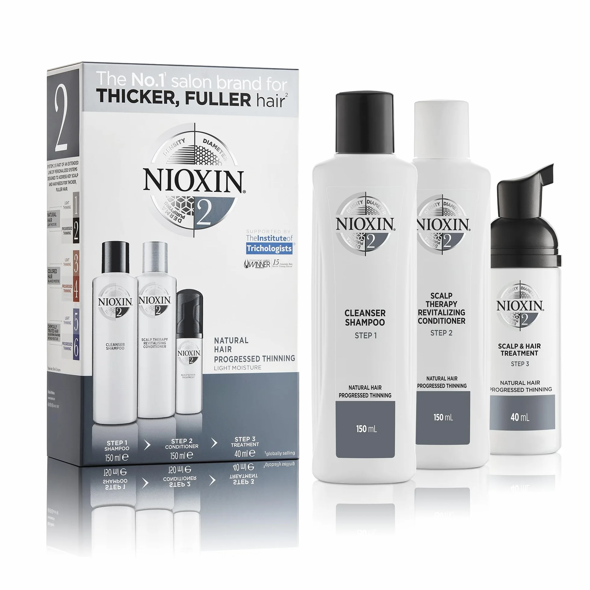 Nioxin Sistema 2, Cabello natural ligeramente debilitado, Champú+Acondicionador+Tratamiento