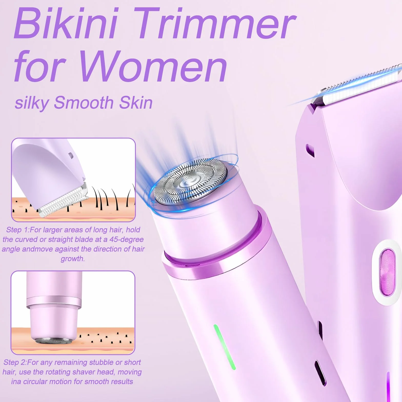 Afeitadora Mujer, 2 en 1 Rasuradora, Impermeable IPX7 Recortadora Mujer zona Intima, Impermeable, Recargable, para Cuerpo, Cara, Uso Húmedo y Seco(Morado)