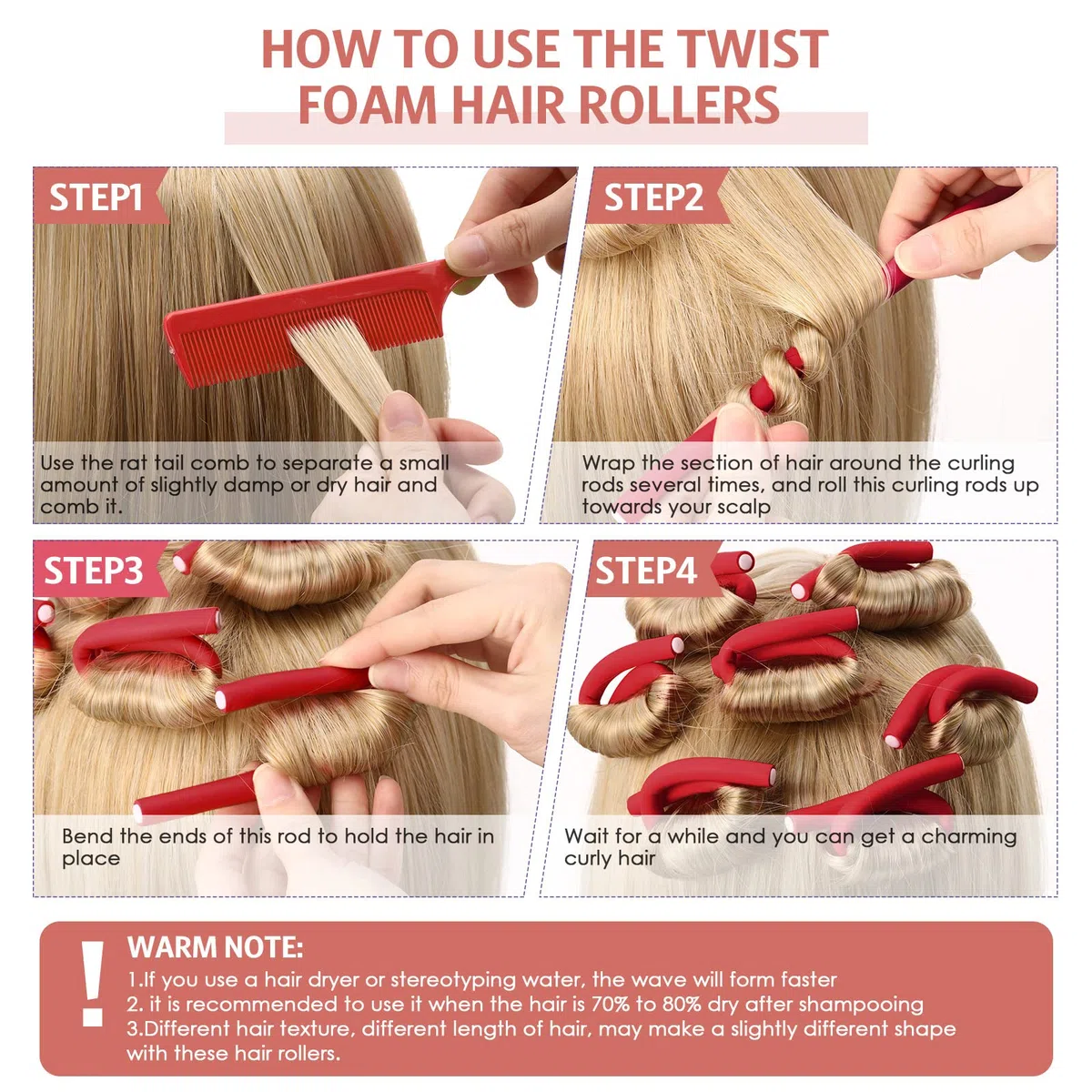 Syhood 30 varillas rizadoras flexibles, rizadores de pelo trenzado de espuma suave, sin calor y 1 peine de cola de rata de acero para mujer, cabello largo y corto (17,8 x 1 cm, rojo)
