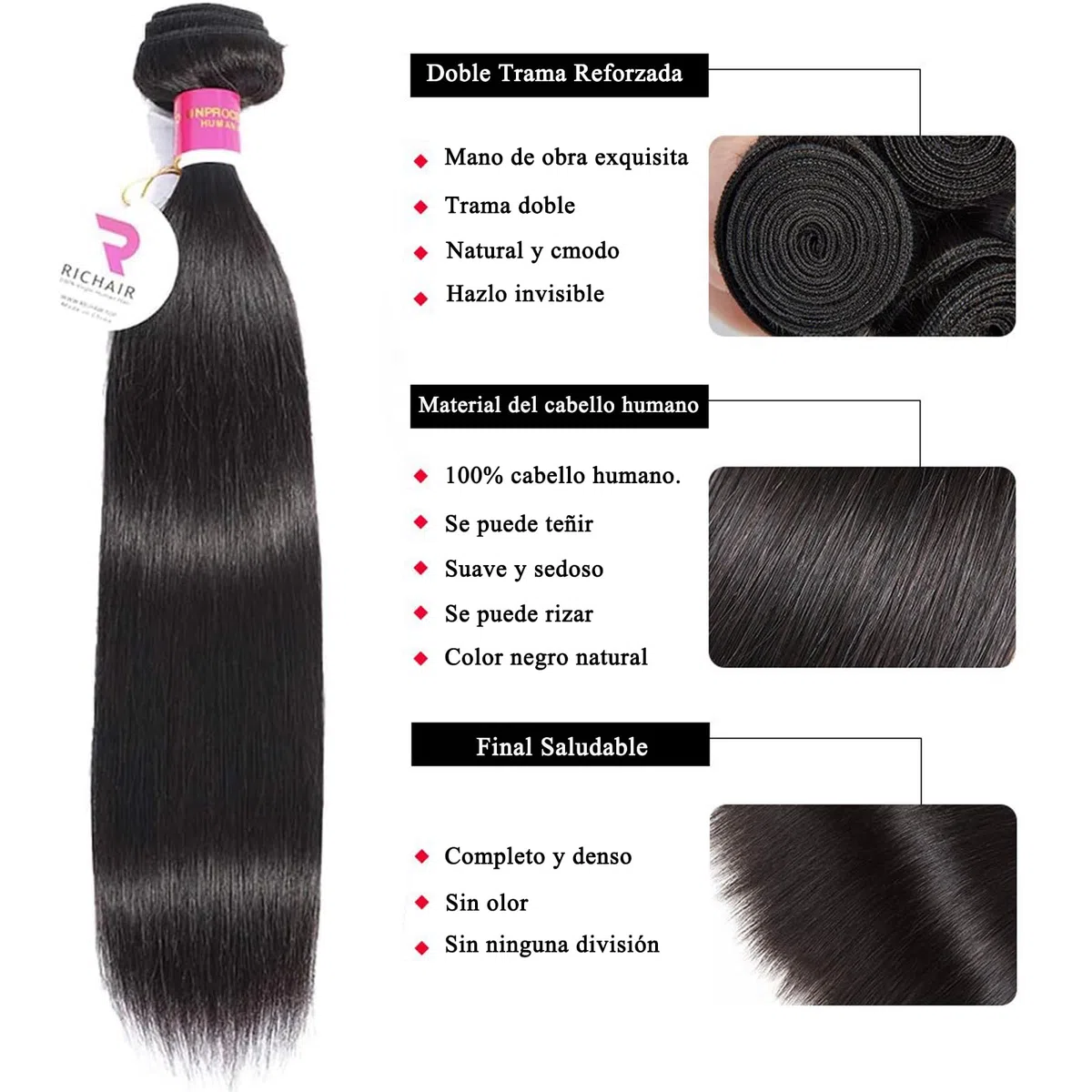 RICHAIR Paquetes de cabello humano liso, 2 paquetes, 16 pulgadas, 50g/paquete (100g en total), cabello humano brasileño 100% cabello virgen sin procesar Paquetes de tejido recto Cabello humano