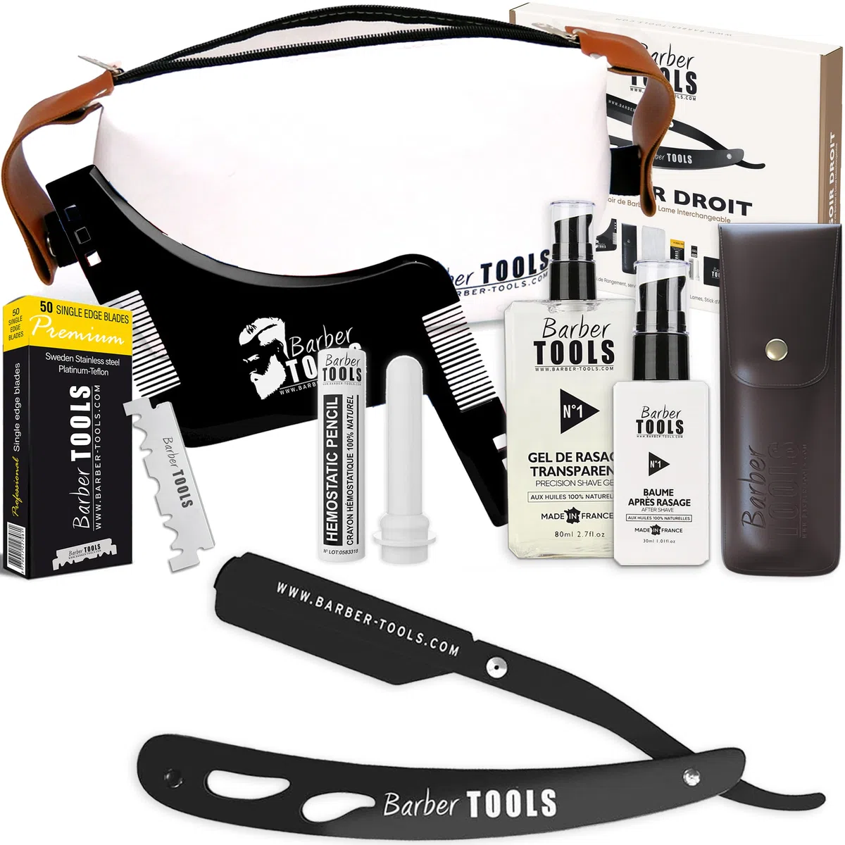 Kit de afeitadora de barba para hombre/navaja de afeitar de barba - con 50 cuchillas + peine guía + gel de afeitar transparente de 80 ml + aftershave de 30 ml + alumbre en barra + bolsa grande