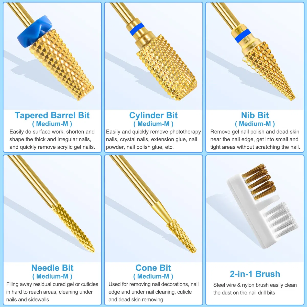 CGBE Fresas Torno para Uñas, 5 Piezas Brocas para Uñas Oro Profesional para Quitar Gel Acrílico Cutícula, 3/32 Pulgadas Broca Manicura Carburo de Tungsteno para Preparación de Uñas, Juego-B