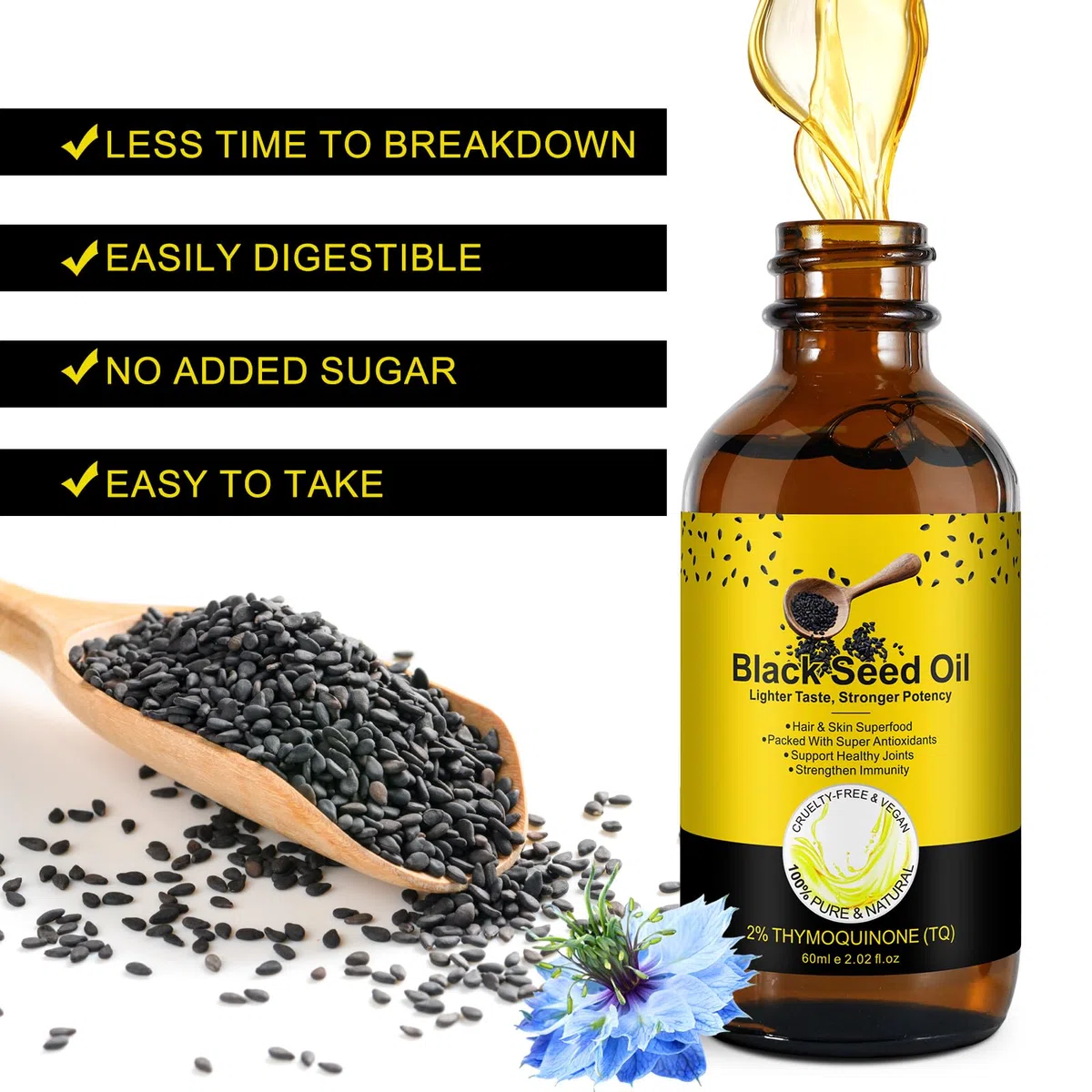 Aceite de semilla negra,100% puro,natural y premium prensado en frío,Lo mejor para el crecimiento del cabello,el cuidado de la piel y la protección de las articulaciones: aceite semilla negra orgánico