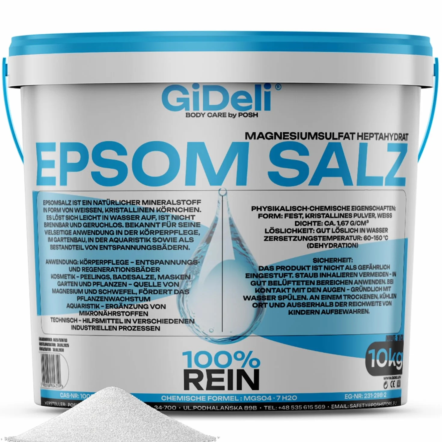 GiDeli Sales de Epsom 10 kg en cubo - Sal de Epsom para relajante baño de pies y peeling corporal – Sal de baño regeneradora para los músculos – Con magnesio, también apta para el cuidado del jardín