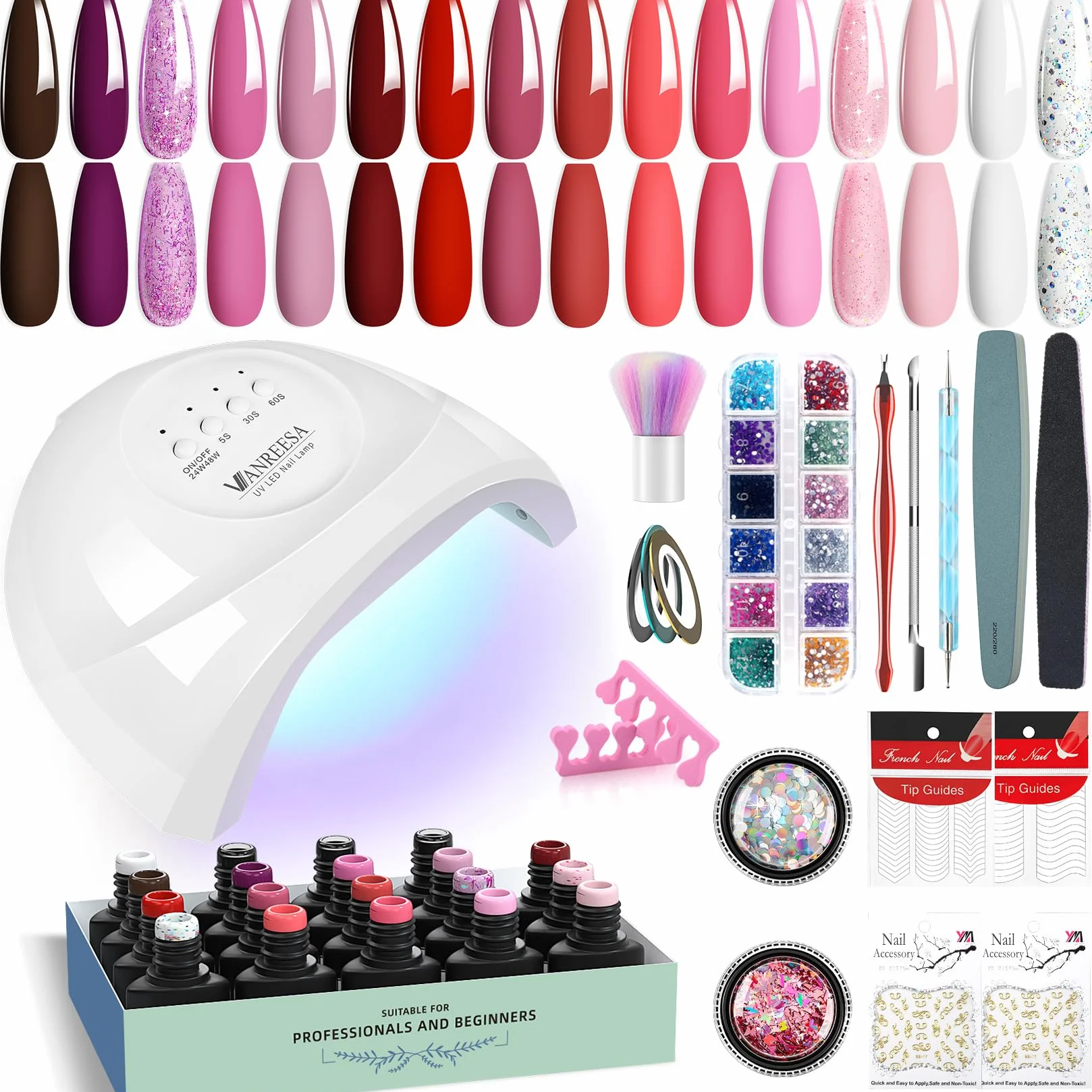 VANREESA Kit Uñas Semipermanentes 16 Colores Uñas Semipermanentes Kit Completo con Lámpara U V 48W Set Manicura Semipermanente con Mate Top Base Coat