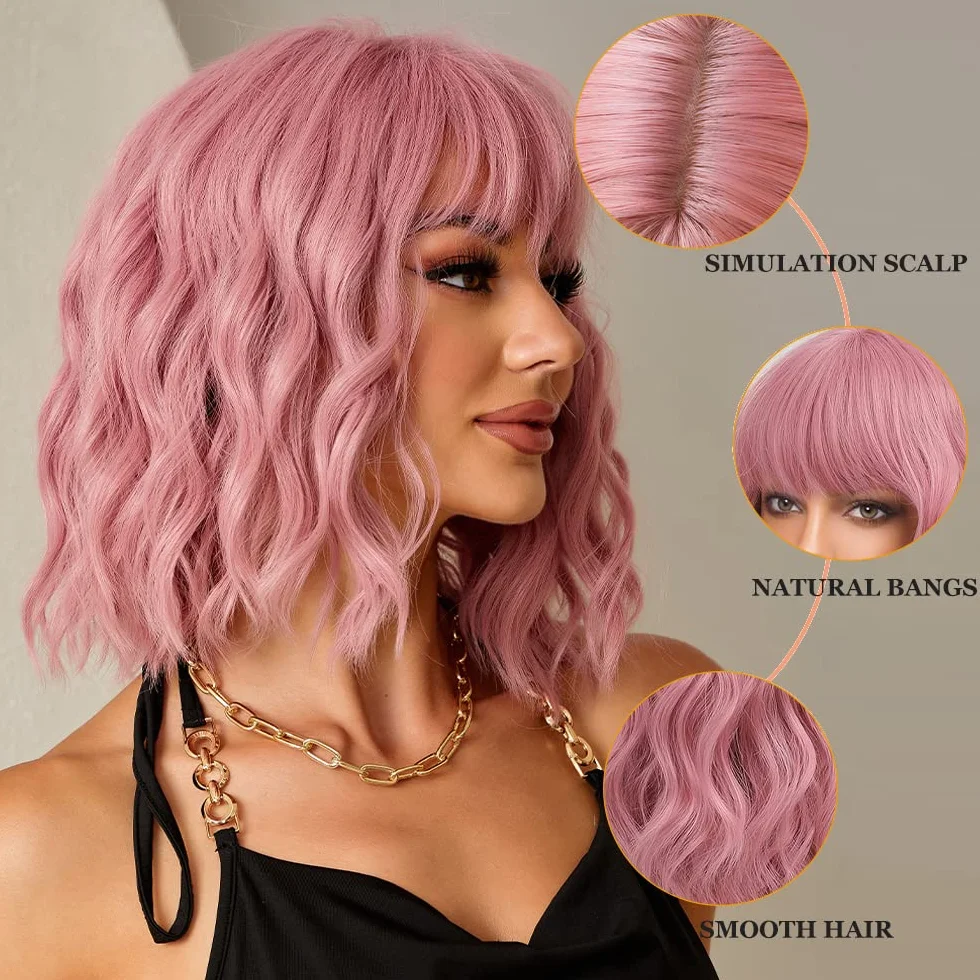 Esmee Peluca Bob Rosa Ondulada Corta para Mujeres Pelucas de Cabello Sintético Natural con Flequillo para Uso en Fiestas Cosplay -12 Pulgadas