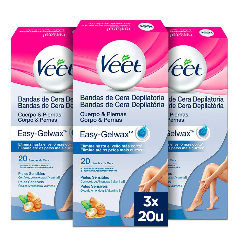 Veet Bandas de Cera Fria Depilatoria para Depilación de Cuerpo y Piernas con Aceite de Almendras, Easy Gelwax, Pieles Sensibles, 3 x 20 bandas, Total 60 Unidades