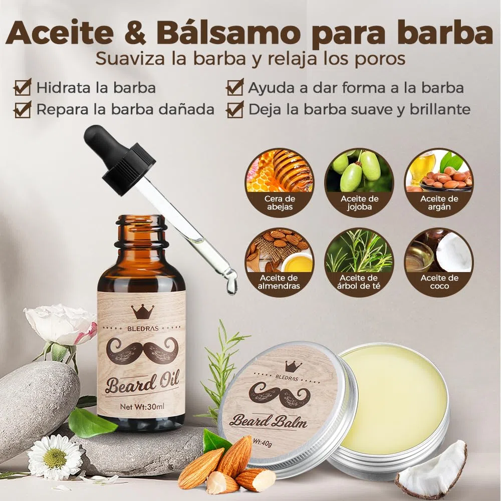 Bledras Kit Cuidado Barba Hombre 13 en 1, Cuidado Barba Hombre con Aceite Para Barba, Champú Para Barba, Crema Para Barba, Lápiz Para Barba, Tijeras, Cepillo Para Barba, Peine Para Barba