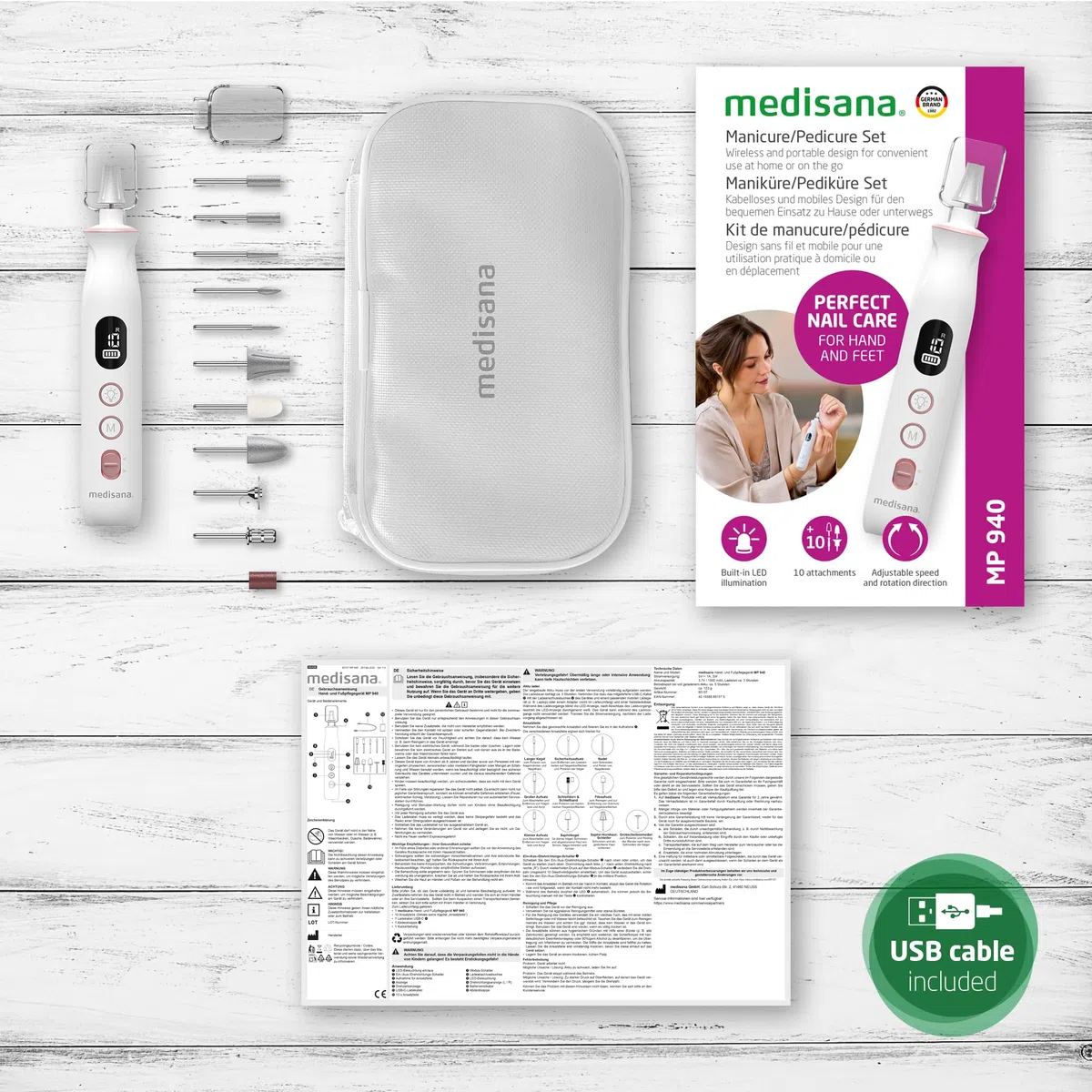 medisana MP 940 set eléctrico de manicura y pedicura, torno para uñas, lima electrica, kit de uñas para el cuidado de manos y pies y el tratamiento de uñas, cutículas y callosidades
