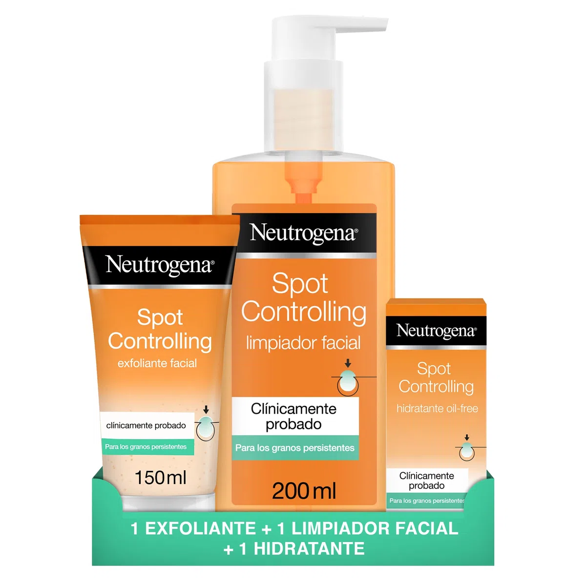 Neutrogena Visibly Clear Spot Controlling, rutina con ácido salicílico, contiene un gel limpiador facial (1x200 ml), un exfoliante facial (1x150 ml) y un hidratante facial (1x50 ml)