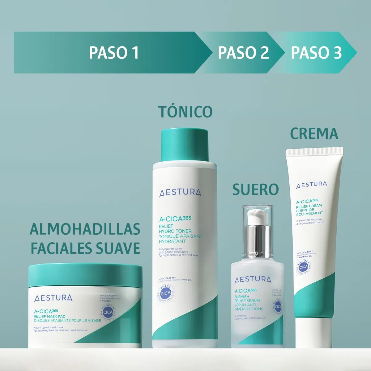 AESTURA A-CICA 365 ALMOHADILLAS FACIALES SUAVE CALMANTE 4X para un Alivio Rápido y Fácil para Piel Seca y Todos los Tipos, Fortalece la Barrera de Humedad, Testado Dermatológicamente, 60 Pads