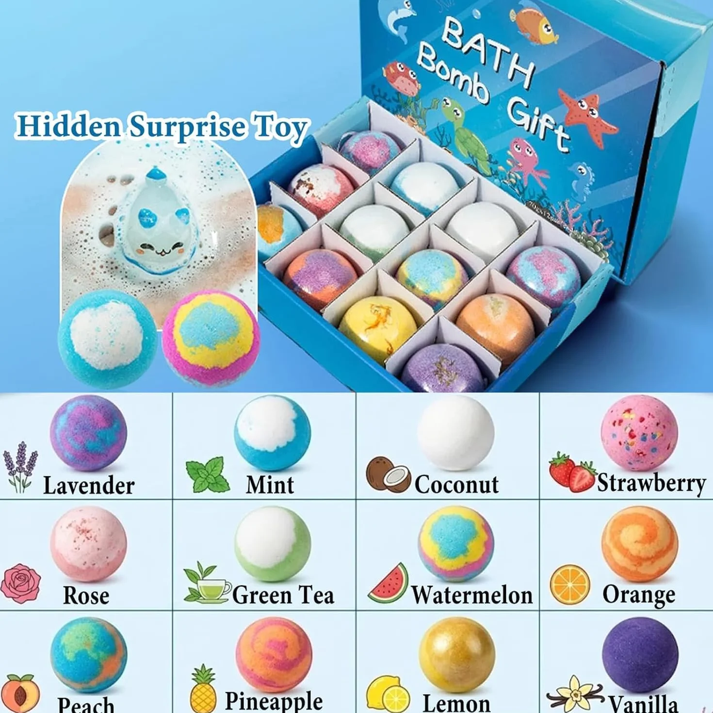 STOAT Bombas de Baño Niños con Sorpresa, 12Pcs Caja Regalo con Juguetes, Naturales Bio, Espuma Baño Suave para Niños y Niñas