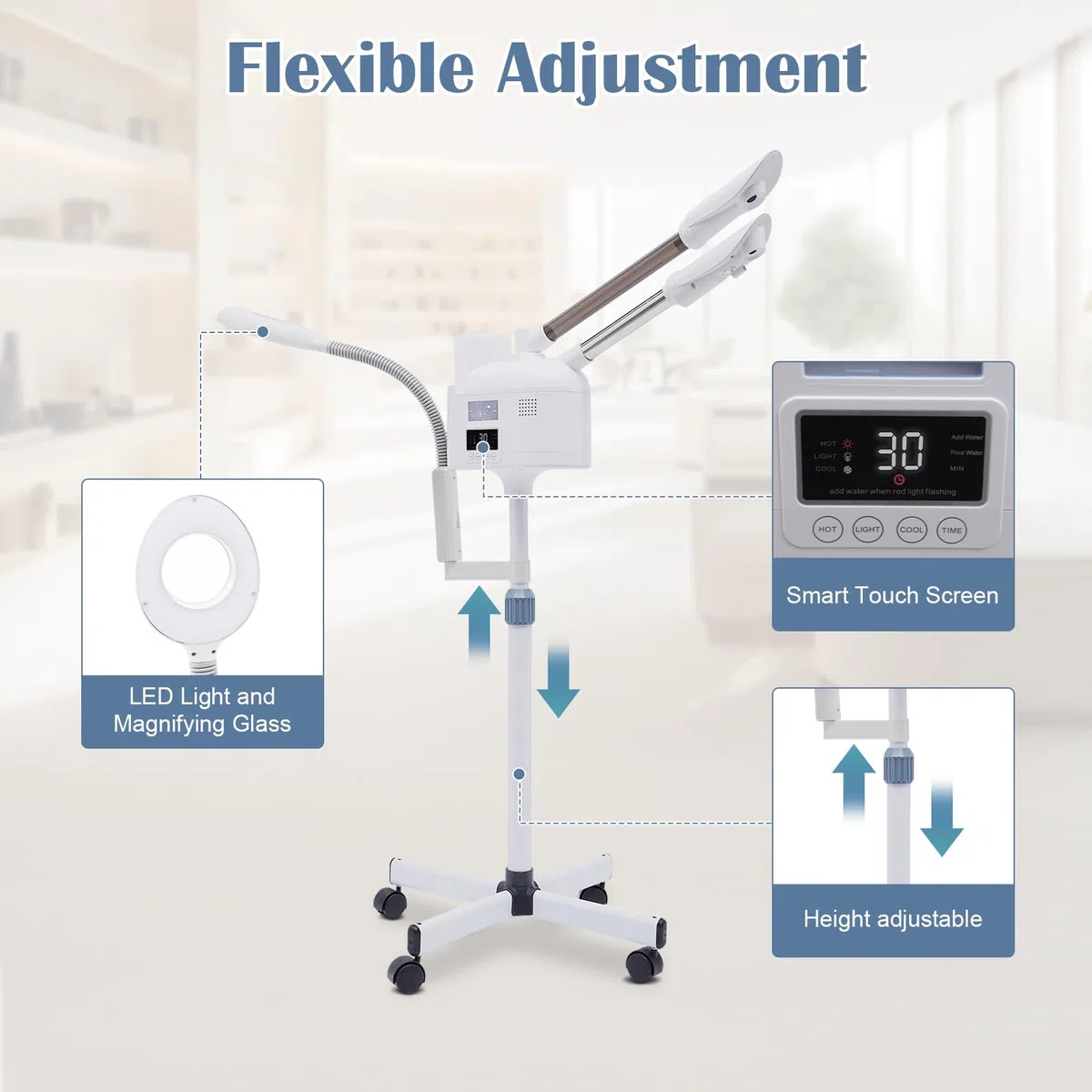 Vapozone Estética Profesional 3 en 1 Vapor Facial Cara Con Luz LED y Lupa Altura Ajustable Modo Caliente y Frío Boquilla Giratoria 360°, Para Salón de Belleza