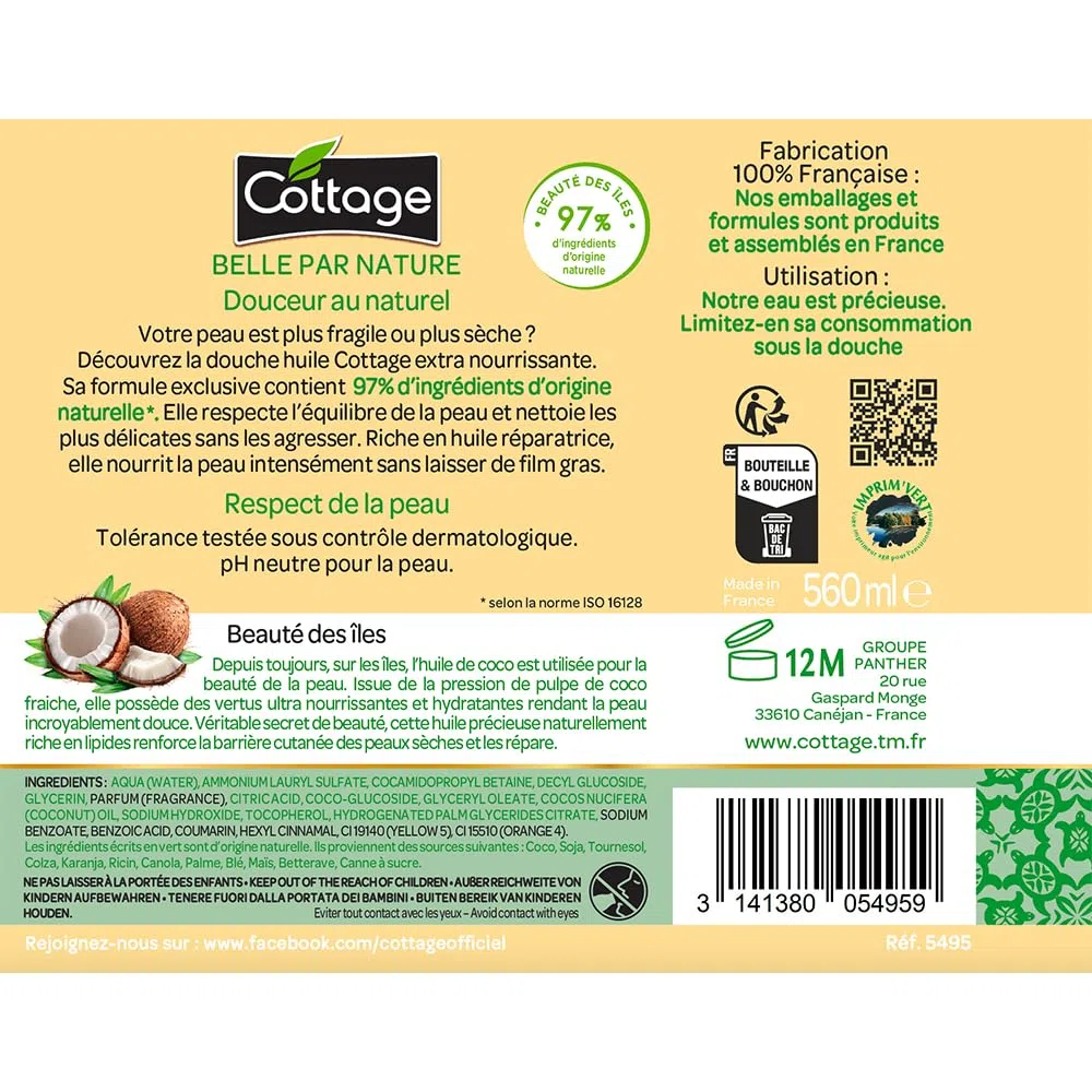 Cottage Aceite de ducha extra nutritivo con aceite de coco, piel seca y sensible, 560 ml