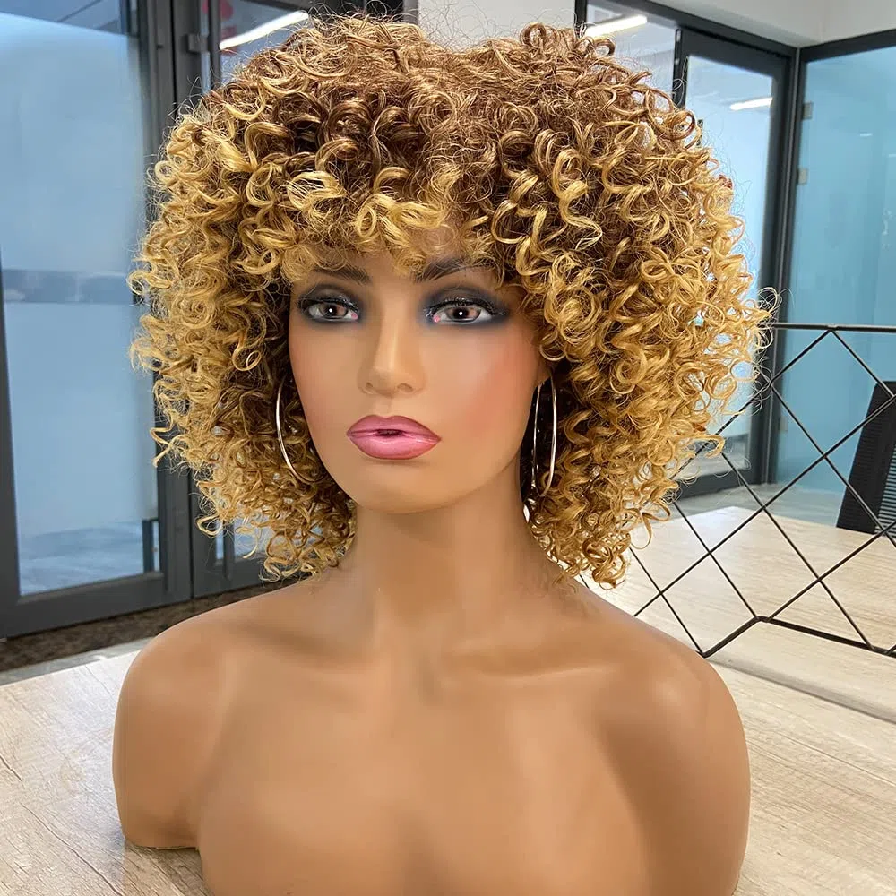 Peluca Afro Marrón Rubio Brasileño Sintético Rizado Pelo Natural para Mujeres, con Flequillo, Pelucas Cortas para Mujeres Negras