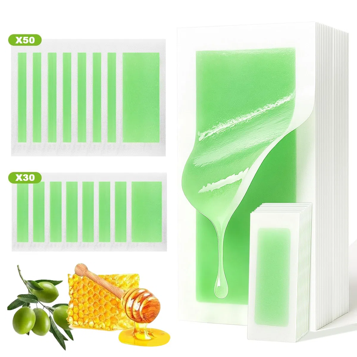 72 Piezas Bandas Depilatorias, Bandas para Depilación Con Cera, Cera Fría, Formulación Suave, Tiras Depilatorias Cera, para Piernas, Brazos y Zona Bikini, Verde
