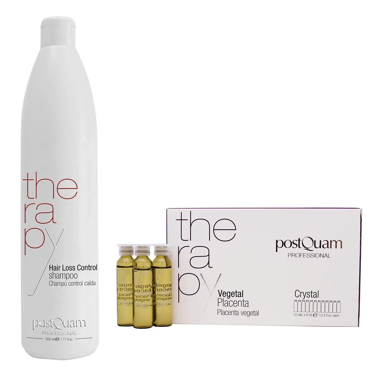 PostQuam - Pack de Tratamiento para el Control y Prevención de la Caída del Cabello - Incluye 12 Ampollas de Placenta Vegetal Capilar de 9 ml + Champú Anticaída 500 ml