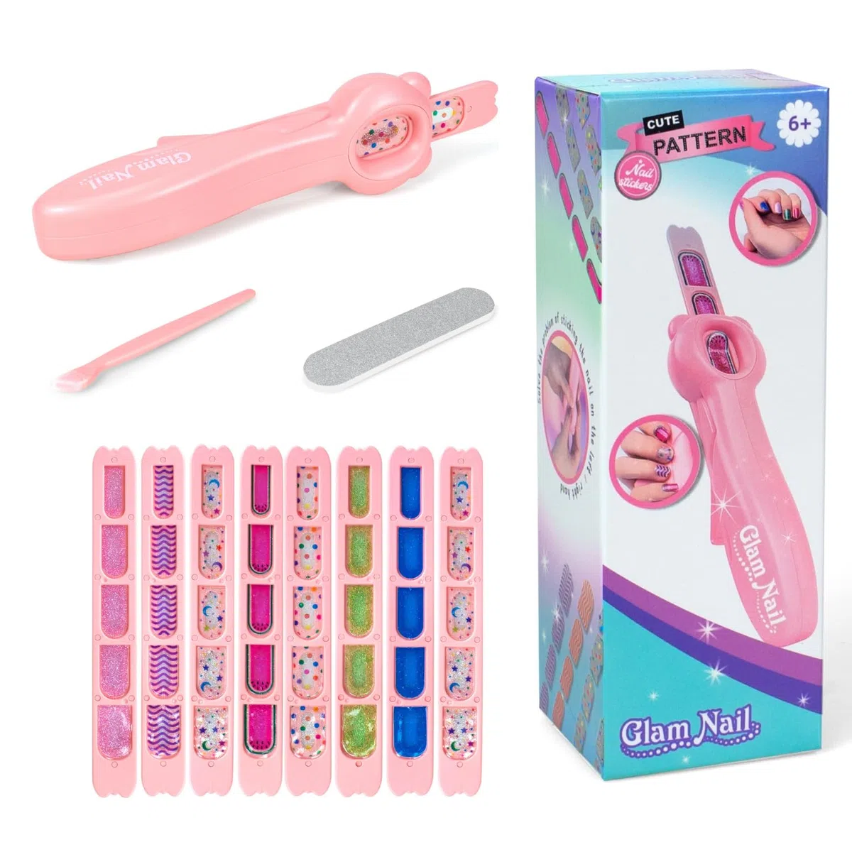 GLAM NAIL - Maquina Uñas Niñas, Kit Pegatinas Para Niña, Set Laminas Manicura, Juguetes Stickers Nails, Recambios Cosas Belleza Infantil, Juegos Con Pintauñas, Regalo Niños 6 7 8 9 10 11 12 Años