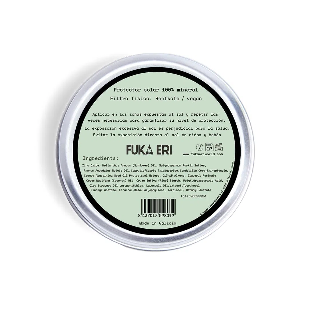 Protector Solar Mineral SPF50 con Óxido de Zinc No Nano – Resistente al Agua y Sudor – Protector solar facial y corporal – 100g | FUKA ERI