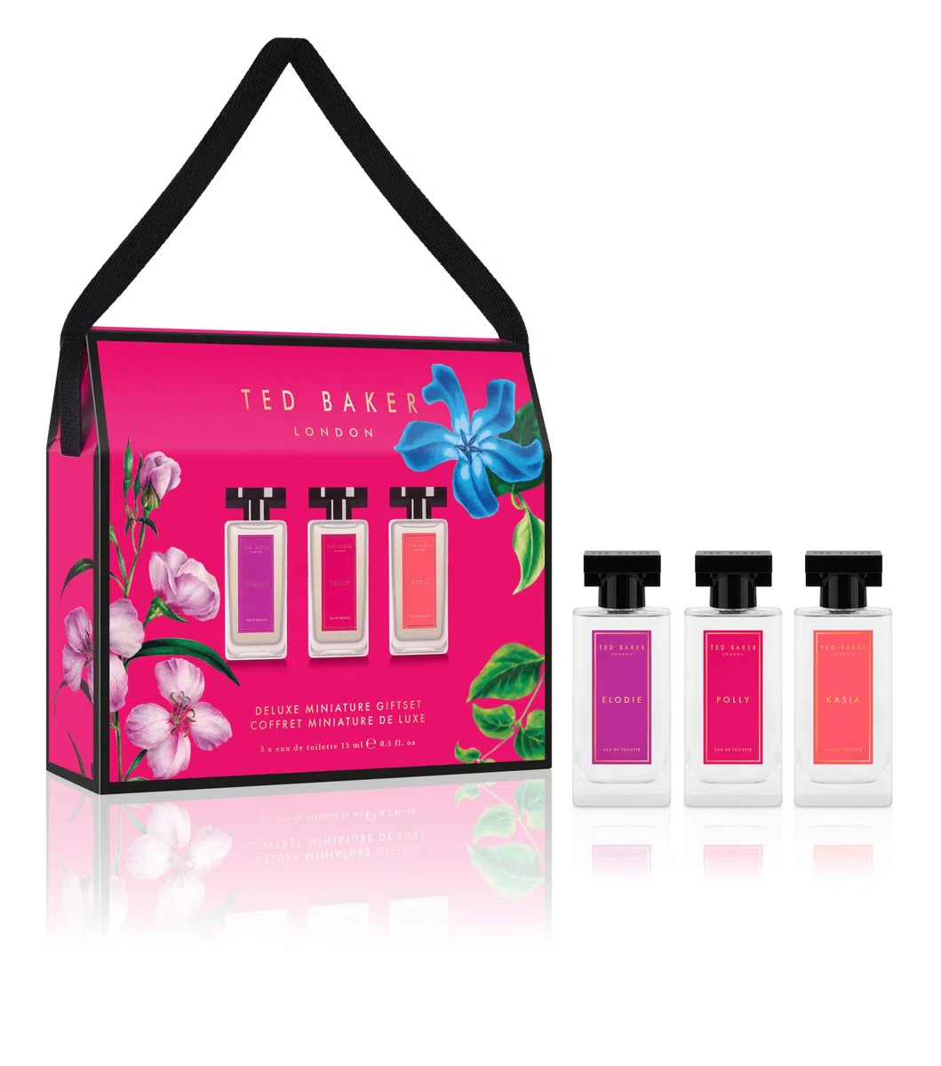 Ted Baker Set de regalo para bolso de mano Miniatures para mujer, 3 Eau de Toilettes de 15 ml de Elodie, Polly y Kasia, miniaturas afrutadas, florales y ambaradas en un estuche de lujo.