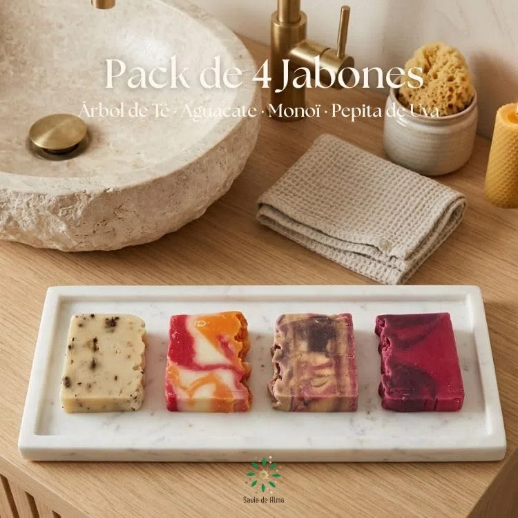 Pack 4 Jabones Artesanales Naturales – Jabones Sólidos de Aguacate, Pepita de Uva, Monoï y Árbol de Té | Jabón Facial, de Manos y para el Cuerpo | Veganos, Hidratantes | Hecho en España
