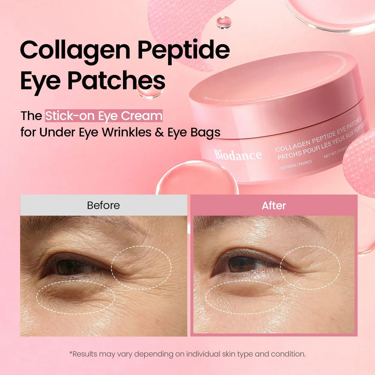 BIODANCE Parches de Ojos con Péptidos de Colágeno, Antiarrugas para Líneas de Expresión y Bolsas, Contorno de Ojos, Cuidado de la Piel Coreano (60 uds)
