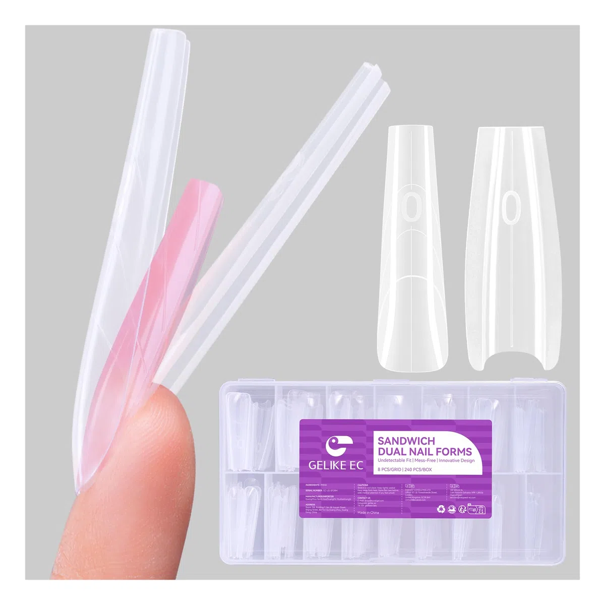 Gelike ec Formas de uñas dobles profesionales para gel constructor: diseño sándwich formas de uñas 240 piezas 15 tamaños - Para extensiones de gel impecables - Fácil para bricolaje y salón - Bailarina