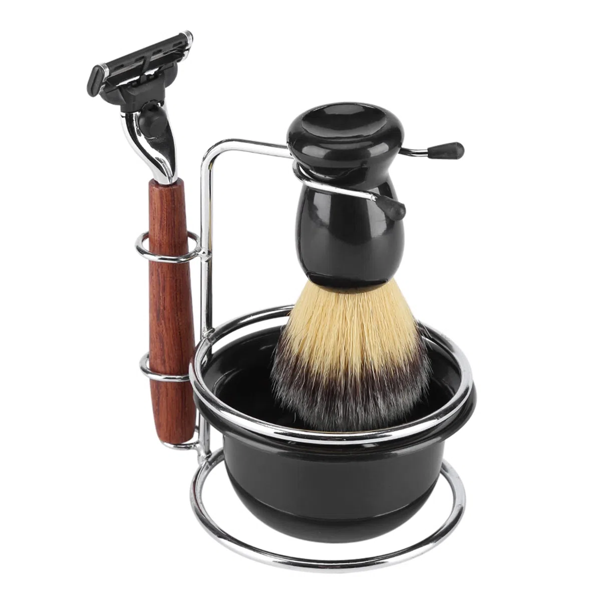 Kit de afeitado manual de seguridad con soporte, cepillo de afeitar de tejón, tazón de afeitar de espuma, kit de afeitado para barba de hombres con mango de acero inoxidable y madera, regalo para