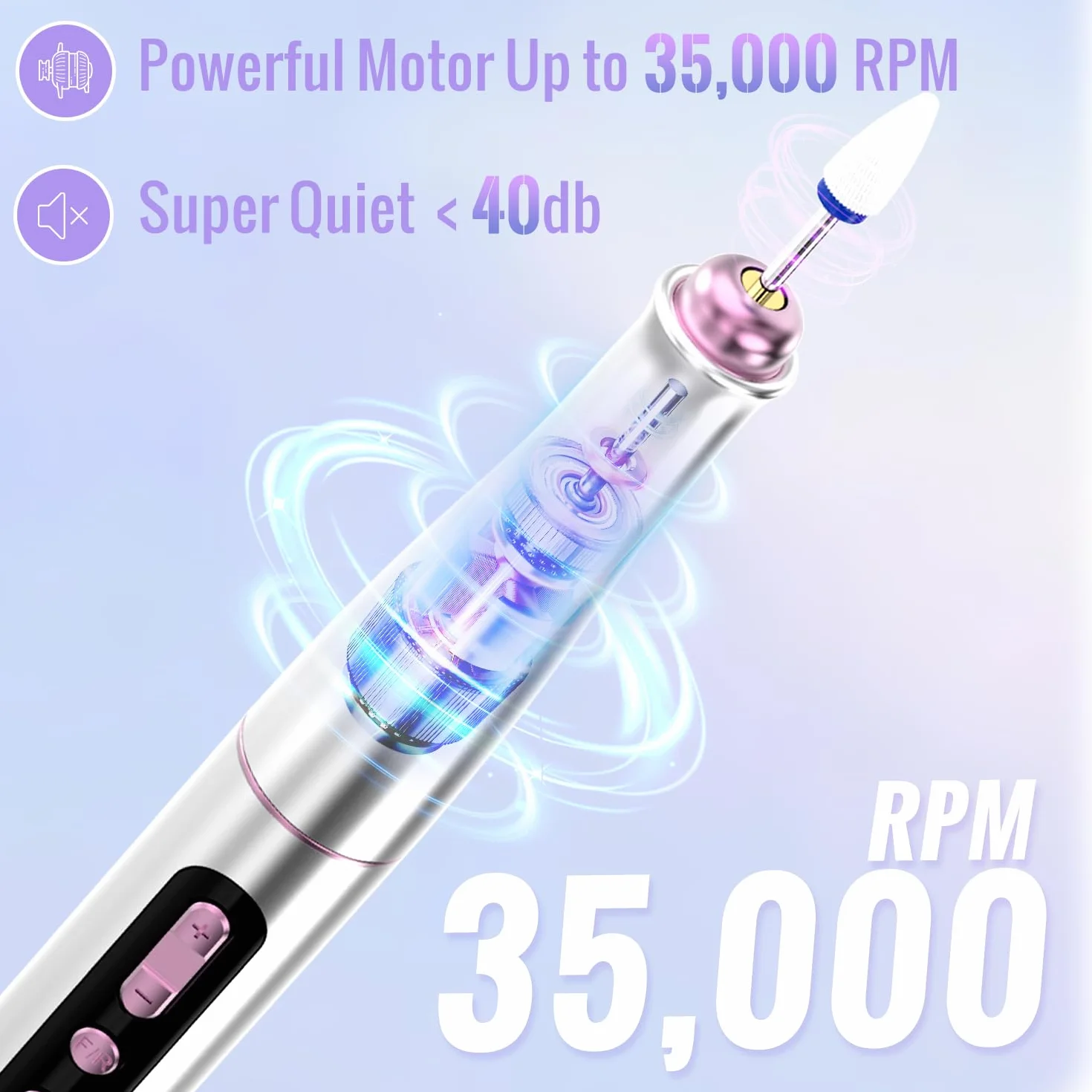 Torno para Uñas Profesional 35000 RPM, 12 en 1 Lima Eléctricas Uñas Nail Drill Machine, Kit de Manicura Pedicura Eléctrico Recargable por USB, Velocidad Ajustable para Salón DIY DN-2402