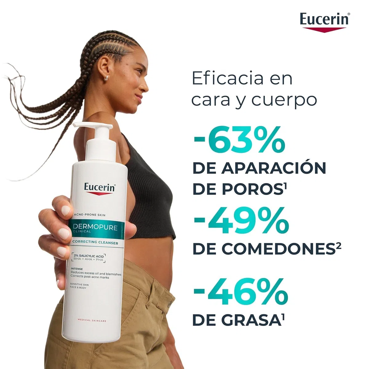 Eucerin DermoPure Clinical Gel Limpiador Corrector (400 ml), limpiador facial y corporal contra manchas, imperfecciones y brillos con Ácido Salicílico, para piel con tendencia acneica
