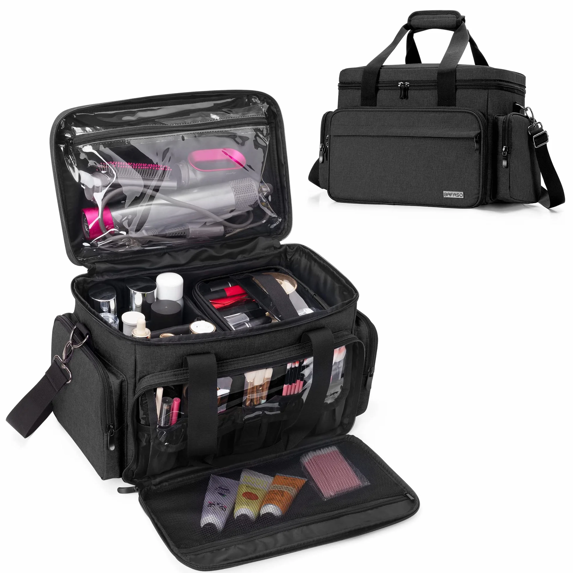 BAFASO Bolsa de Maquillaje de Viaje Grande con 3 Bolsas Interiores Extraíbles y Divisores, Bolsa de Cosméticos Multifunción para Guardar Artículos de Maquillaje y Cabello (Pendiente de Patente), Negro