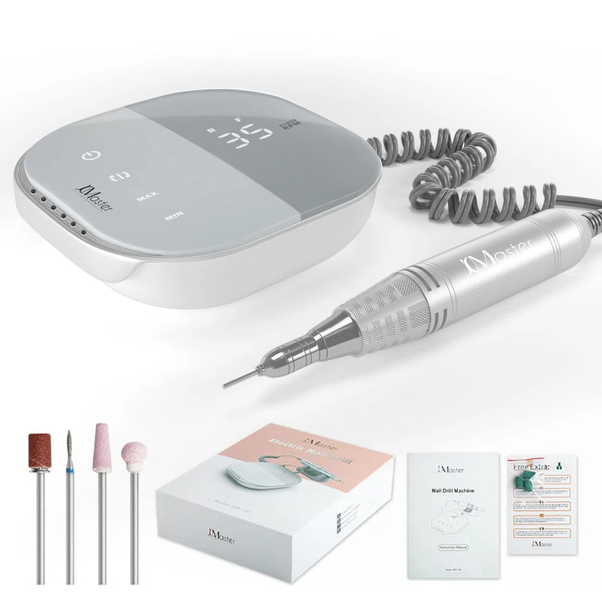 Torno Para Uñas JCMaster 35000 rpm, Pantalla LCD digital lima electrica uñas de gel acrílico, Incl cuatro brocas, Sin ruido, sin vibraciones para el cuidado de las uñas, manicura y pedicura