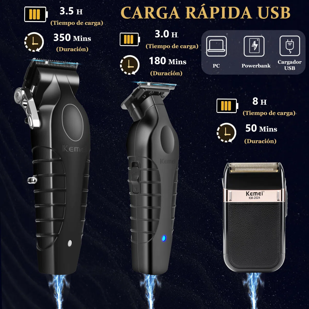 KEMEI Cortapelos profesional, juego de maquinilla de afeitar eléctrica para hombre, cortapelos inalámbrico, kit de corte de pelo con cortapelos USB