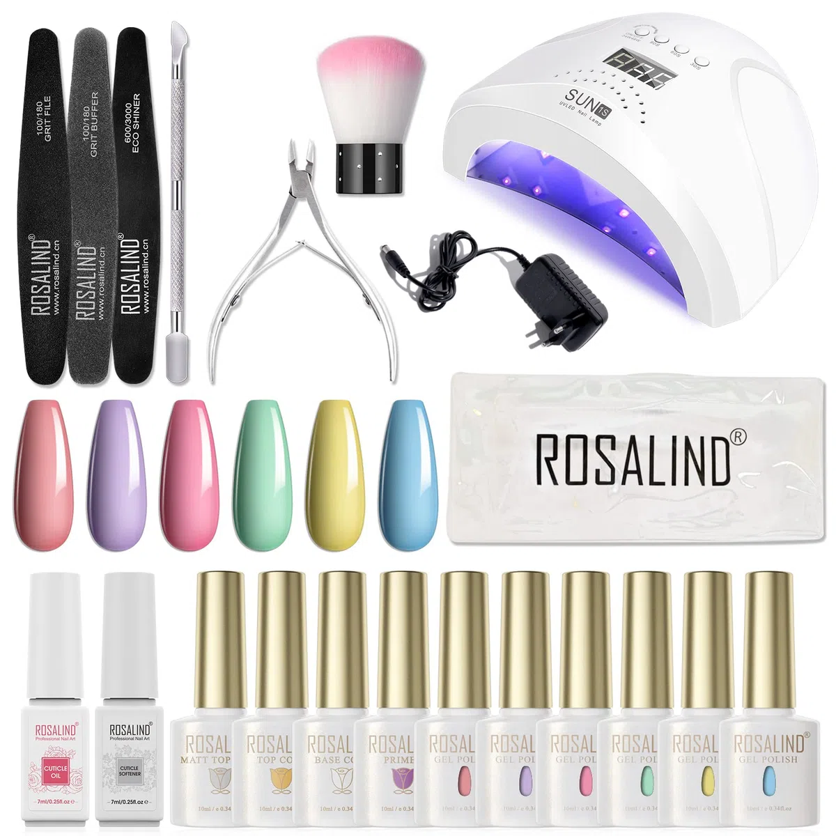 ROSALIND Uñas Semipermanentes Kit Completo Lámpara 48W, 6 Colores 10ML Pastel Pintauñas Permanentes con Base et Top Coat Mate Kit Manicura Semipermanente
