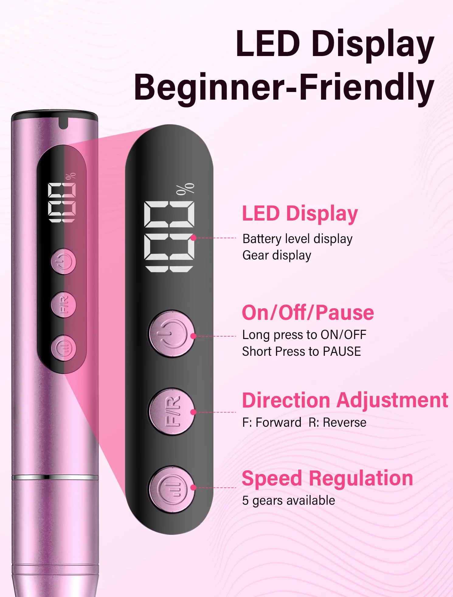 Torno para Uñas,35000RPM Torno para Uñas Profesional,Lima Eléctricas Uñas sin Cable, Velocidad Ajustable, Recargable por USB, para Salón DIY,Manicura y Pedicura