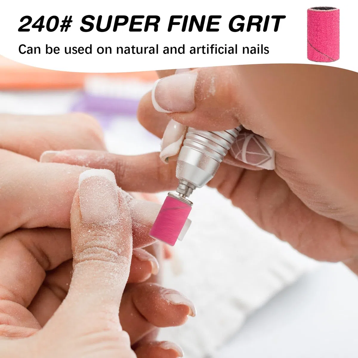 Bandas de lijado para taladro de uñas de grano 240, bandas de lijado de uñas extremadamente finas, 200 bandas de lijado profesionales rosas y 2 brocas de uñas para manicura y pedicura