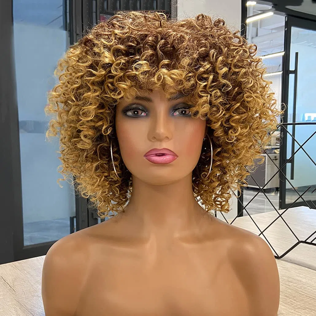 Peluca Afro Marrón Rubio Brasileño Sintético Rizado Pelo Natural para Mujeres, con Flequillo, Pelucas Cortas para Mujeres Negras