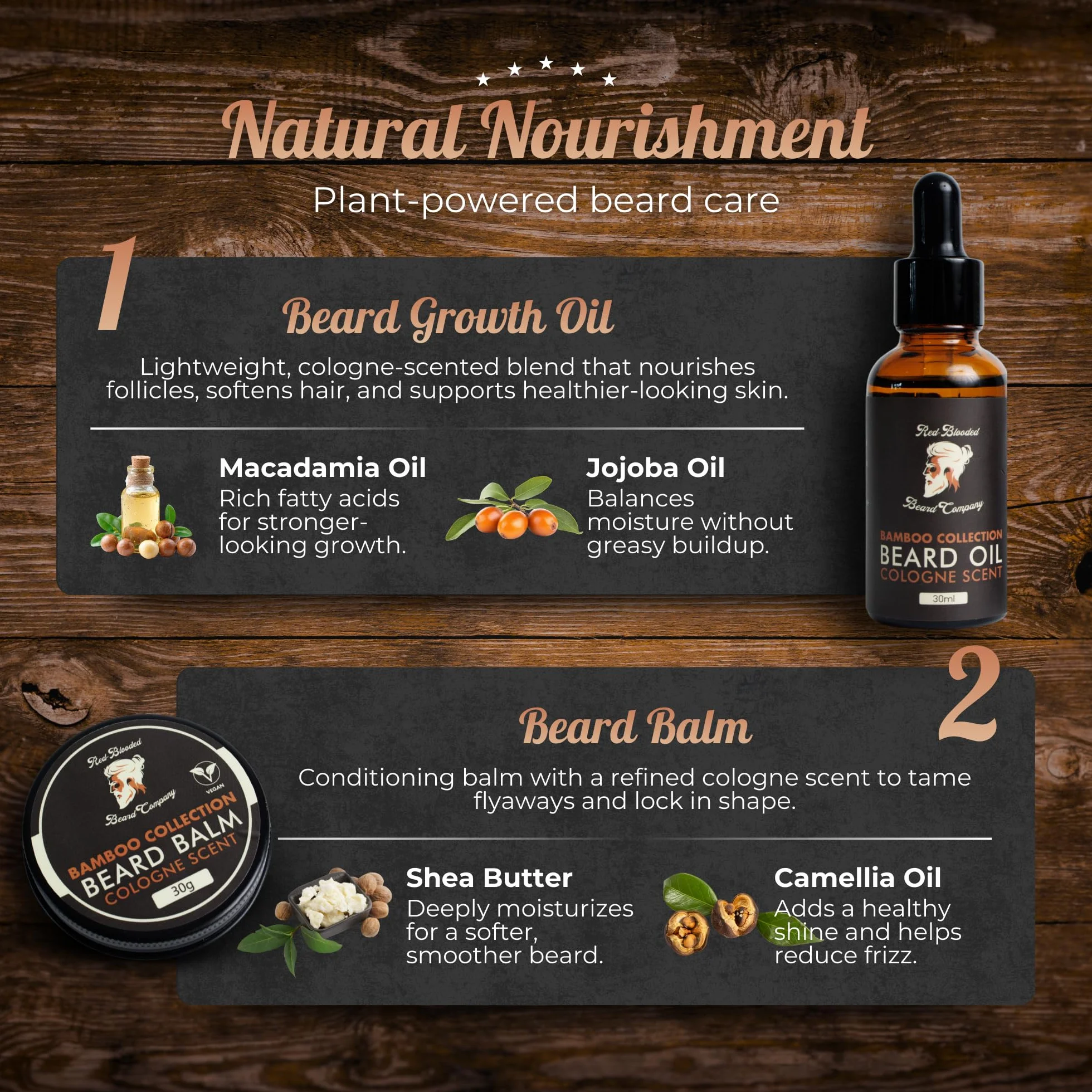 Red-Blooded kit barba hombre con aceite para barba, bálsamo para barba, cepillo para barba, peine para barba y tijeras para barba. Colonia perfumada hecha con aceite de jojoba y aceite de macadamia