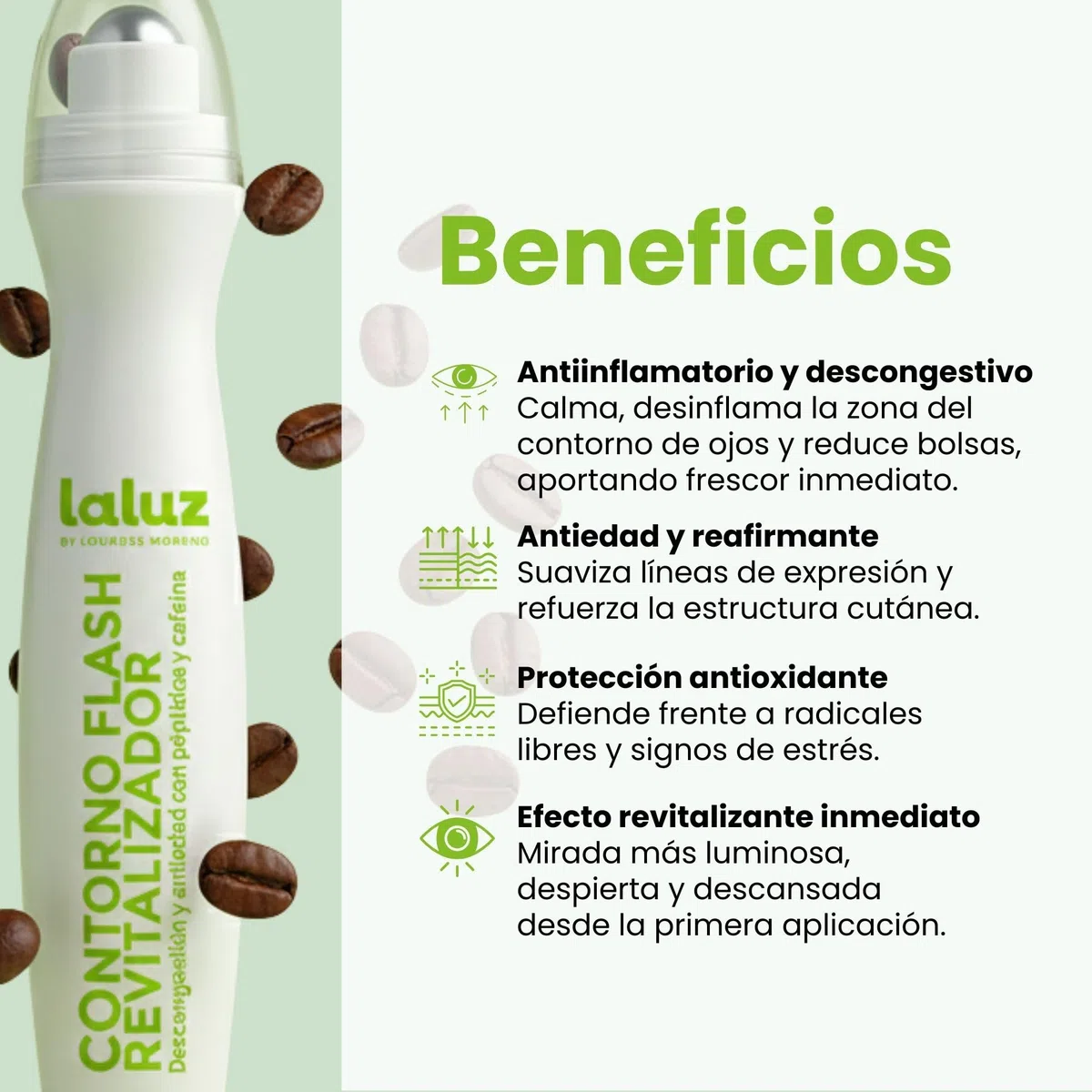 Lourdes Moreno | Contorno Flash Revitalizador con Cafeina | 12ml | Roll-on Refrescante Para Contorno Ojos | Formula Antifatiga Que Reduce La Apariencia De Bolsas Y Ojeras | Efecto Flash Inmediato