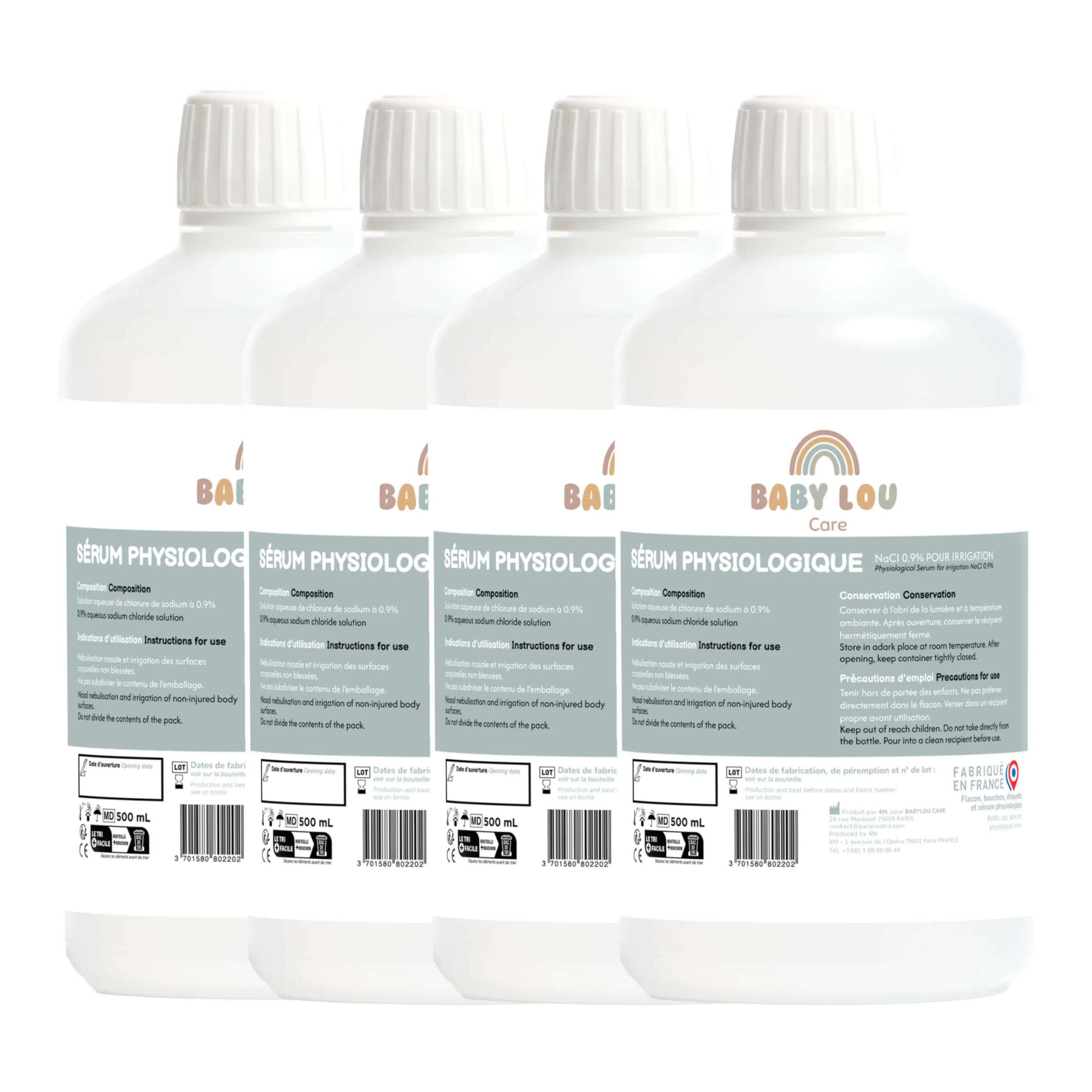 Suero fisiológico en botella 4x500ml | NaCl 0,9% | Fabricado en Francia | Lavado de fosas nasales | Higiene nasal | Para irrigación externa